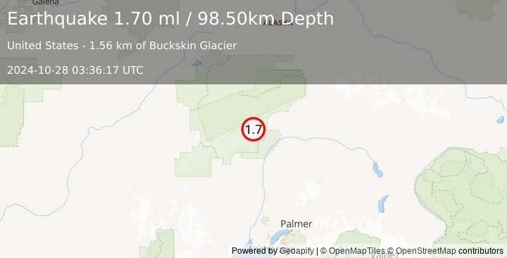 Earthquake 55 km NNE of Petersville, Alaska (1.7 ml) (2024-10-28 03:36:17 UTC)