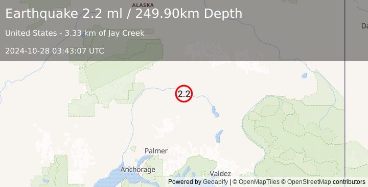 Earthquake 87 km NW of Lake Louise, Alaska (2.2 ml) (2024-10-28 03:43:07 UTC)