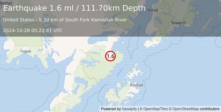 Earthquake 68 km SSE of Kokhanok, Alaska (1.6 ml) (2024-10-28 05:22:41 UTC)