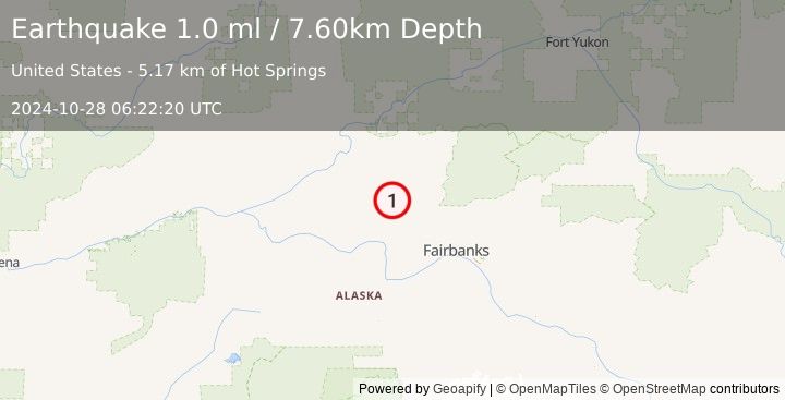 Earthquake 20 km NE of Minto, Alaska (1.0 ml) (2024-10-28 06:22:20 UTC)