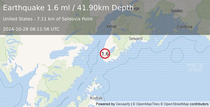 Earthquake 8 km NW of Seldovia Village, Alaska (1.6 ml) (2024-10-28 08:11:56 UTC)