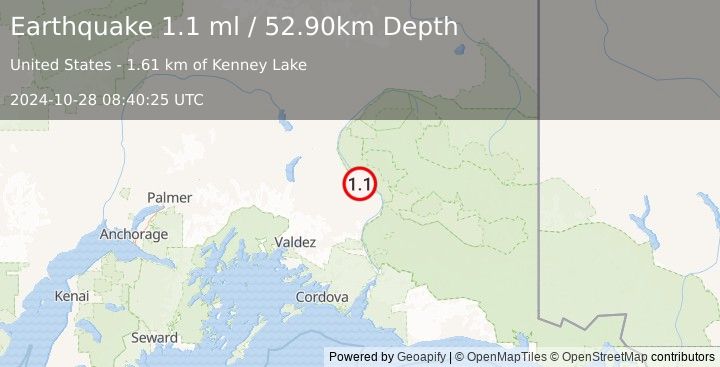 Earthquake 2 km NNE of Kenny Lake, Alaska (1.1 ml) (2024-10-28 08:40:25 UTC)