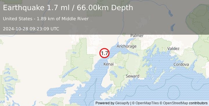 Earthquake 25 km WSW of Tyonek, Alaska (1.7 ml) (2024-10-28 09:23:09 UTC)