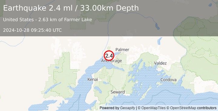 Earthquake 6 km NW of Point MacKenzie, Alaska (2.4 ml) (2024-10-28 09:25:40 UTC)