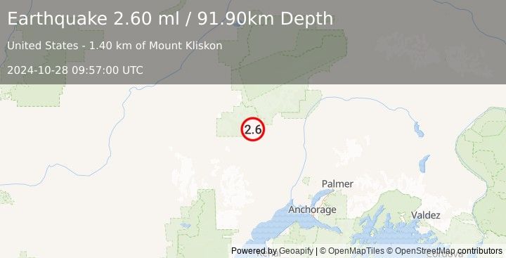 Earthquake 49 km NNW of Skwentna, Alaska (2.6 ml) (2024-10-28 09:57:00 UTC)