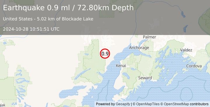 Earthquake 72 km W of Tyonek, Alaska (0.9 ml) (2024-10-28 10:51:51 UTC)