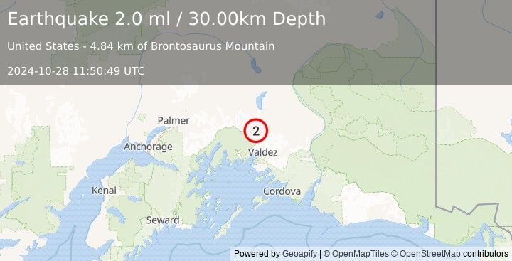 Earthquake 37 km NNW of Valdez, Alaska (2.0 ml) (2024-10-28 11:50:49 UTC)