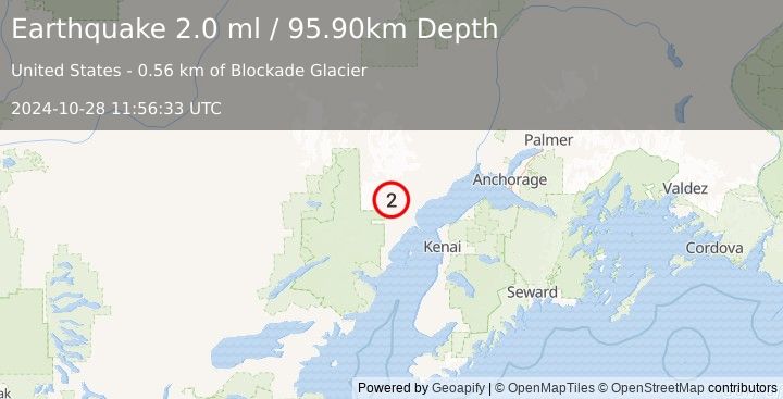 Earthquake 62 km W of Tyonek, Alaska (2.0 ml) (2024-10-28 11:56:33 UTC)