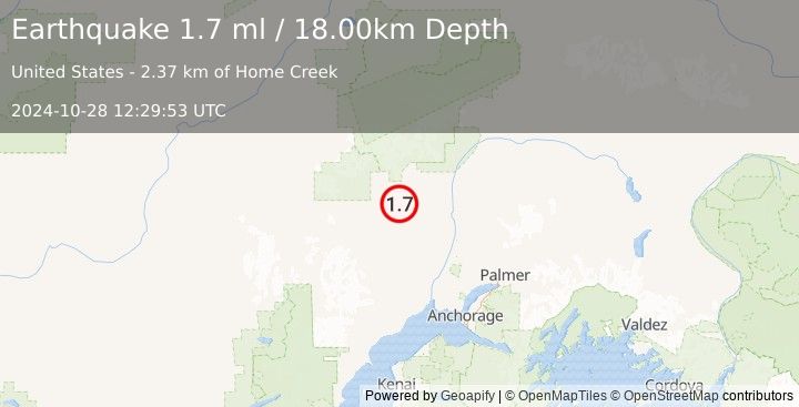 Earthquake 32 km NNE of Skwentna, Alaska (1.7 ml) (2024-10-28 12:29:53 UTC)