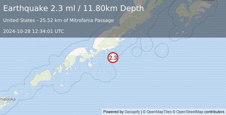 Earthquake 40 km S of Perryville, Alaska (2.3 ml) (2024-10-28 12:34:01 UTC)