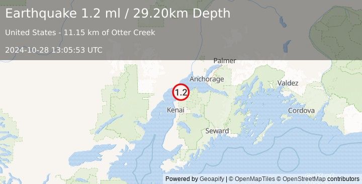 Earthquake 16 km SSE of Tyonek, Alaska (1.2 ml) (2024-10-28 13:05:53 UTC)