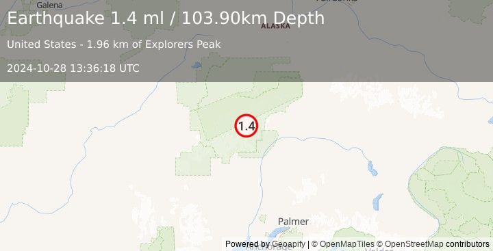 Earthquake 59 km N of Petersville, Alaska (1.4 ml) (2024-10-28 13:36:18 UTC)