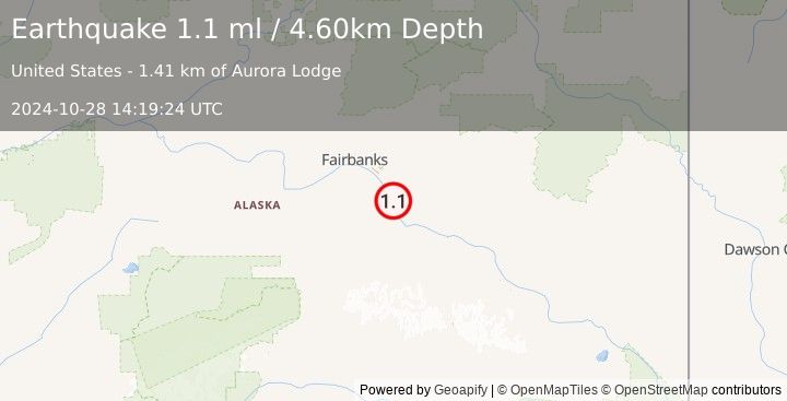 Earthquake 4 km SSW of Salcha, Alaska (1.1 ml) (2024-10-28 14:19:24 UTC)