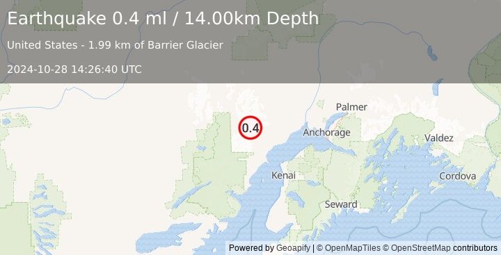 Earthquake 67 km WNW of Tyonek, Alaska (0.4 ml) (2024-10-28 14:26:40 UTC)