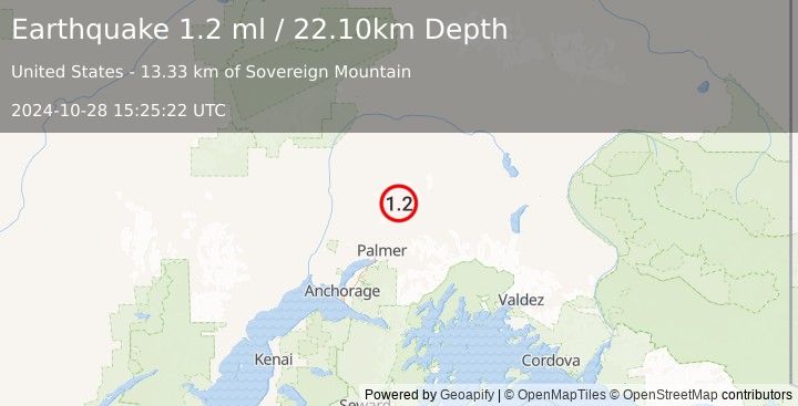 Earthquake 29 km N of Sutton-Alpine, Alaska (1.2 ml) (2024-10-28 15:25:22 UTC)