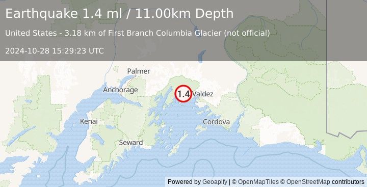 Earthquake 40 km NW of Tatitlek, Alaska (1.4 ml) (2024-10-28 15:29:23 UTC)