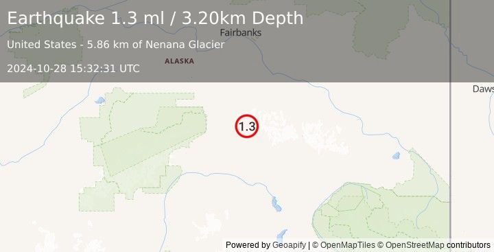 Earthquake 73 km ESE of Denali Park, Alaska (1.3 ml) (2024-10-28 15:32:31 UTC)