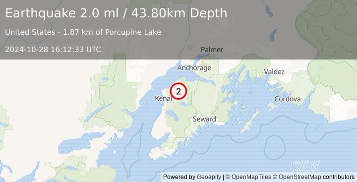 Earthquake 21 km NNE of Sterling, Alaska (2.0 ml) (2024-10-28 16:12:33 UTC)