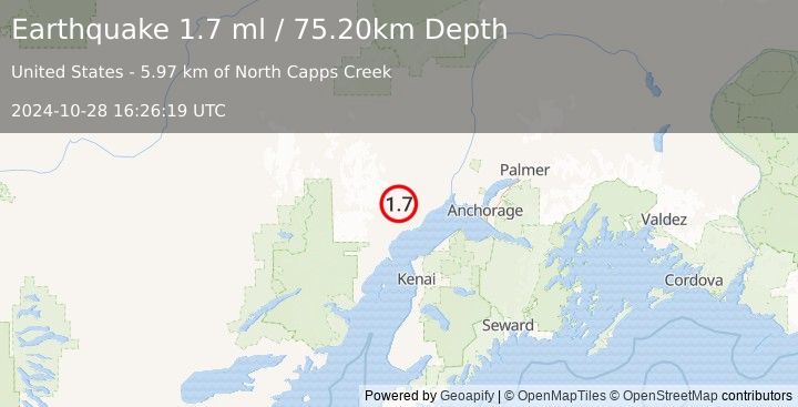 Earthquake 31 km WNW of Beluga, Alaska (1.7 ml) (2024-10-28 16:26:19 UTC)