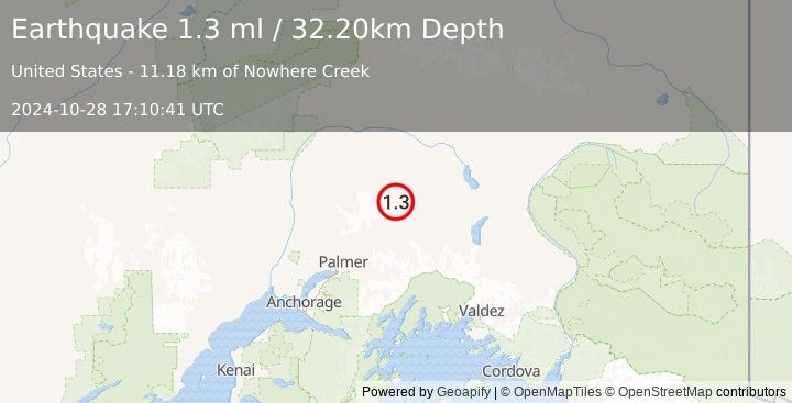 Earthquake 45 km NNW of Glacier View, Alaska (1.3 ml) (2024-10-28 17:10:41 UTC)