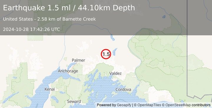 Earthquake 14 km SSE of Eureka Roadhouse, Alaska (1.5 ml) (2024-10-28 17:42:26 UTC)