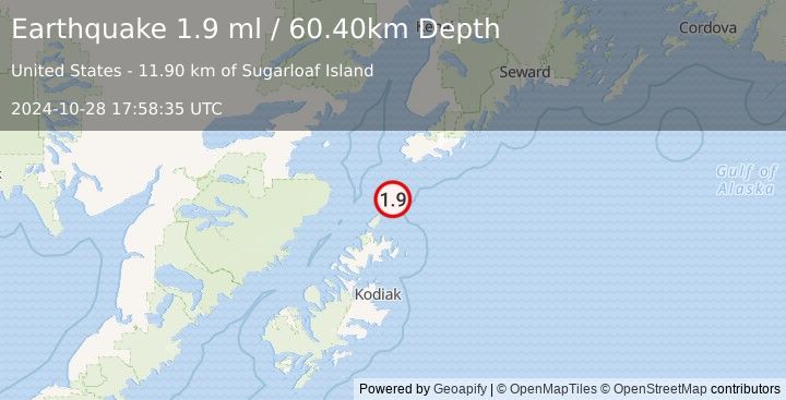 Earthquake 64 km S of Nanwalek, Alaska (1.9 ml) (2024-10-28 17:58:35 UTC)