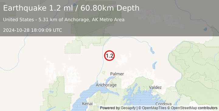 Earthquake 12 km NE of Susitna North, Alaska (1.2 ml) (2024-10-28 18:09:09 UTC)