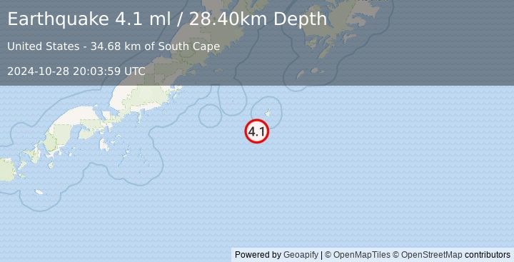 Earthquake 175 km ESE of Chignik, Alaska (4.1 ml) (2024-10-28 20:03:59 UTC)
