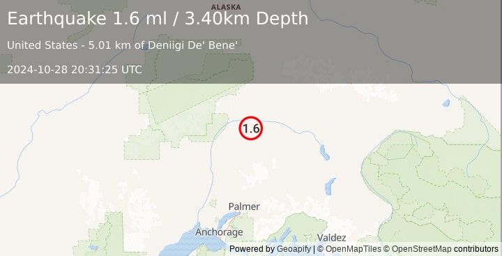 Earthquake 70 km ENE of Chase, Alaska (1.6 ml) (2024-10-28 20:31:25 UTC)