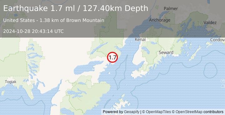 Earthquake 52 km ENE of Pedro Bay, Alaska (1.7 ml) (2024-10-28 20:43:14 UTC)