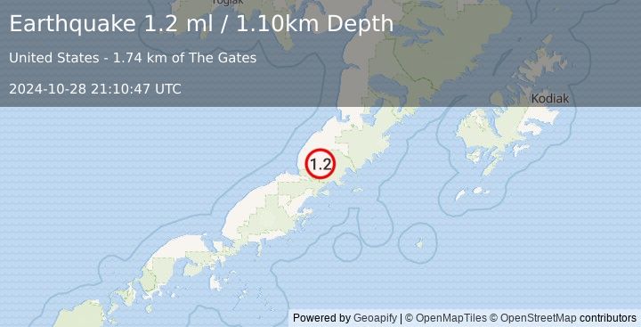 Earthquake 72 km NNE of Chignik, Alaska (1.2 ml) (2024-10-28 21:10:47 UTC)