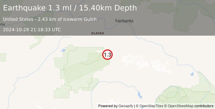 Earthquake 3 km NW of Denali Park, Alaska (1.3 ml) (2024-10-28 21:18:33 UTC)