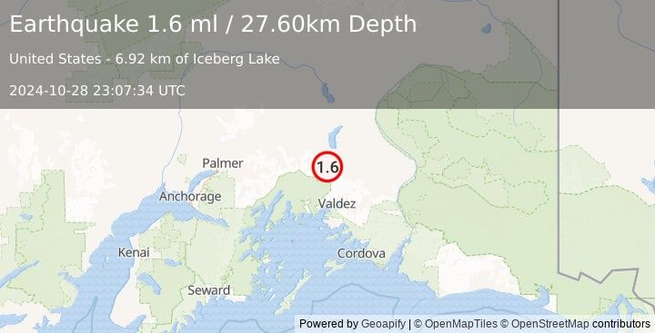 Earthquake 49 km NNW of Valdez, Alaska (1.6 ml) (2024-10-28 23:07:34 UTC)