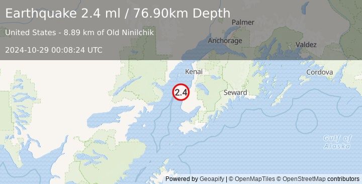 Earthquake 10 km NW of Ninilchik, Alaska (2.4 ml) (2024-10-29 00:08:24 UTC)