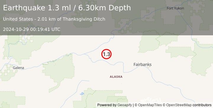 Earthquake 21 km NNE of Manley Hot Springs, Alaska (1.3 ml) (2024-10-29 00:19:41 UTC)