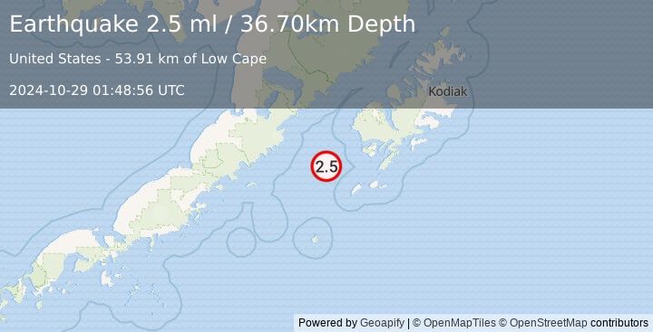 Earthquake 73 km WSW of Akhiok, Alaska (2.5 ml) (2024-10-29 01:48:56 UTC)