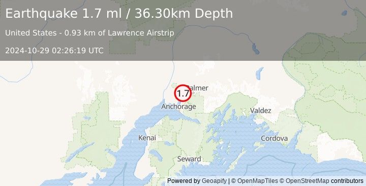 Earthquake 3 km NNE of Knik, Alaska (1.7 ml) (2024-10-29 02:26:19 UTC)