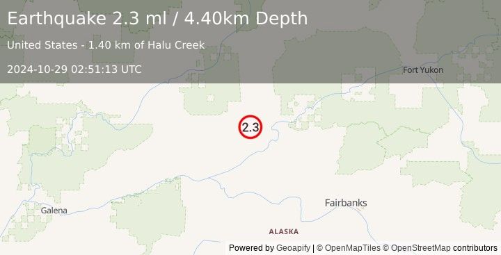 Earthquake 44 km NW of Rampart, Alaska (2.3 ml) (2024-10-29 02:51:13 UTC)