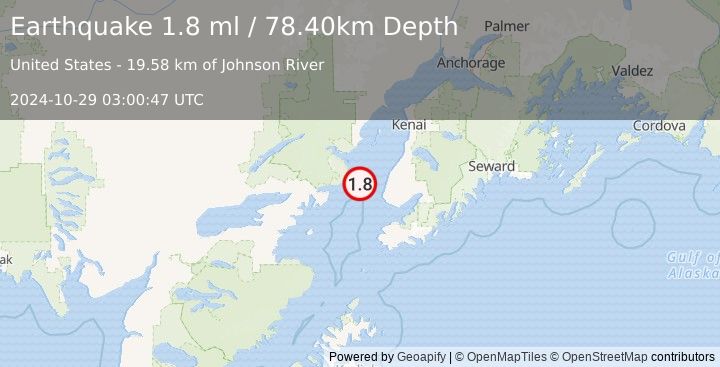 Earthquake 31 km WNW of Anchor Point, Alaska (1.8 ml) (2024-10-29 03:00:47 UTC)