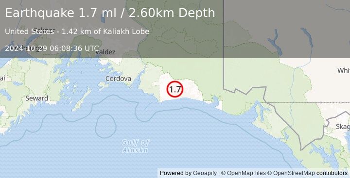 Earthquake 126 km S of McCarthy, Alaska (1.7 ml) (2024-10-29 06:08:36 UTC)