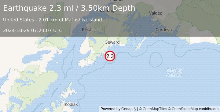 Earthquake 53 km S of Lowell Point, Alaska (2.3 ml) (2024-10-29 07:23:07 UTC)