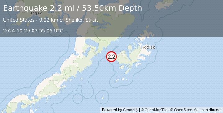 Earthquake 36 km WSW of Karluk, Alaska (2.2 ml) (2024-10-29 07:55:06 UTC)