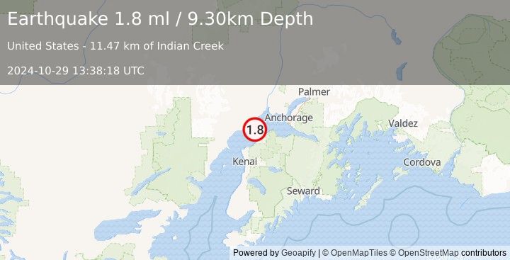 Earthquake 11 km ESE of Tyonek, Alaska (1.8 ml) (2024-10-29 13:38:18 UTC)