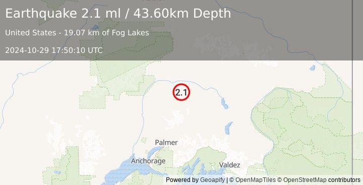 Earthquake 87 km ENE of Chase, Alaska (2.1 ml) (2024-10-29 17:50:10 UTC)