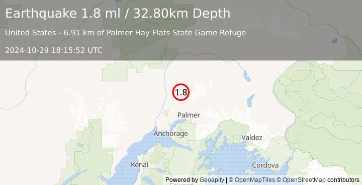 Earthquake 23 km ESE of Susitna North, Alaska (1.8 ml) (2024-10-29 18:15:52 UTC)