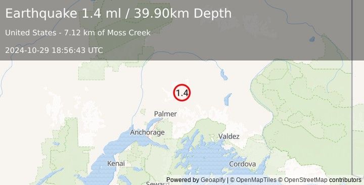 Earthquake 26 km N of Chickaloon, Alaska (1.4 ml) (2024-10-29 18:56:43 UTC)