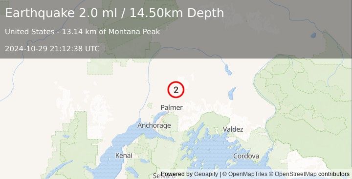 Earthquake 23 km NNW of Sutton-Alpine, Alaska (2.0 ml) (2024-10-29 21:12:38 UTC)