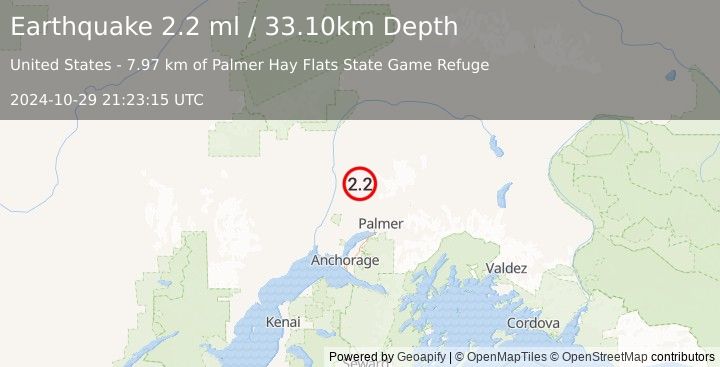 Earthquake 22 km SE of Susitna North, Alaska (2.2 ml) (2024-10-29 21:23:15 UTC)