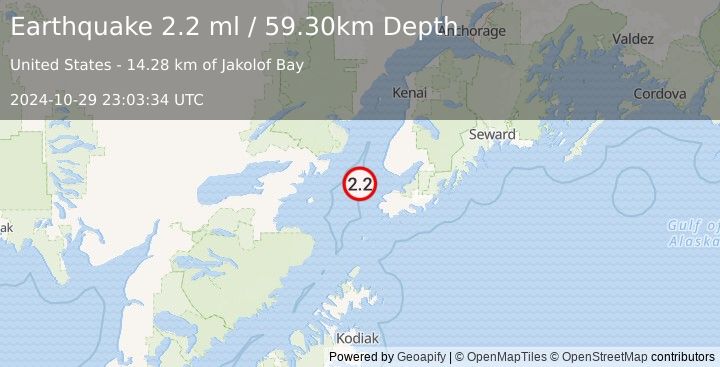 Earthquake 32 km NW of Nanwalek, Alaska (2.2 ml) (2024-10-29 23:03:34 UTC)