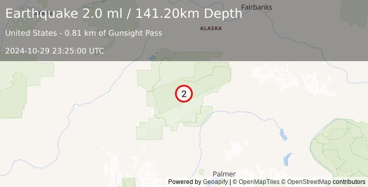 Earthquake 58 km SE of Denali National Park, Alaska (2.0 ml) (2024-10-29 23:25:00 UTC)